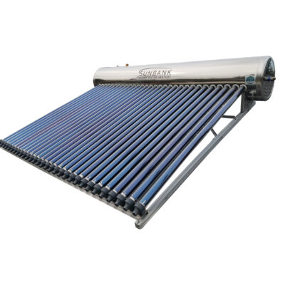 Photo of a Sunbank 80 gallon solar water heater with evacuated tube collectors and an integrated stainless steel tank