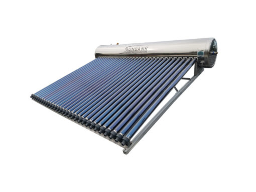 Photo of a Sunbank 80 gallon solar water heater with evacuated tube collectors and an integrated stainless steel tank