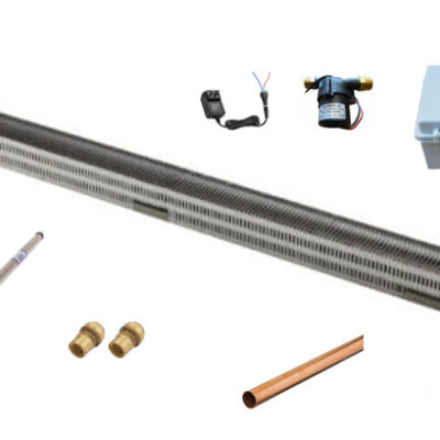 Product photo showing the different components of the Automatic Overheat Protection kit, including: radiator, pump, power supply, weatherproof box, water heater connectors, fittings, and copper pipe