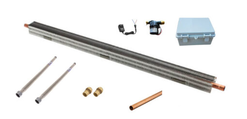Product photo showing the different components of the Automatic Overheat Protection kit, including: radiator, pump, power supply, weatherproof box, water heater connectors, fittings, and copper pipe