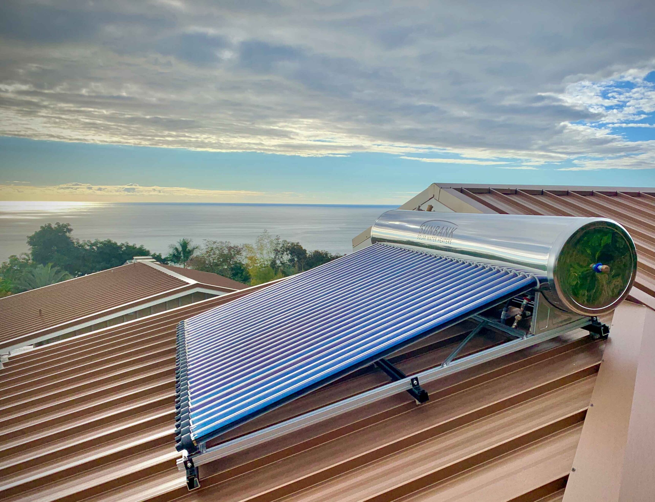 Sunbank-in-Hawaii Sunbank Solar Water Heater Mounted on a Standing Seam Metal Roof in Hawaii